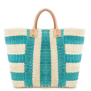Mar y Sol Aqua Stripe Straw Beach Summer Bag Tote